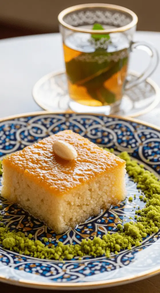 Service élégant basboussa yaourt fleur oranger assiette orientale