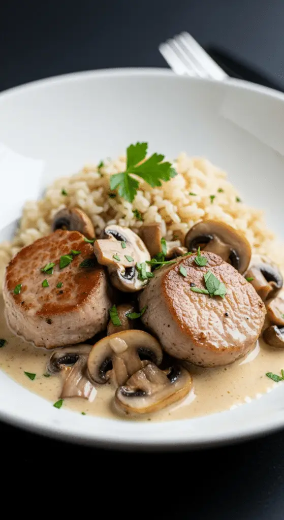 Service blanquette filet mignon porc champignons portion généreuse accompagnement