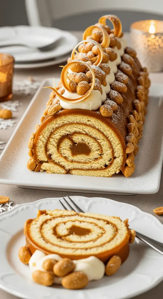 Service bûche cacahuètes caramel vanille tranches élégant Noël