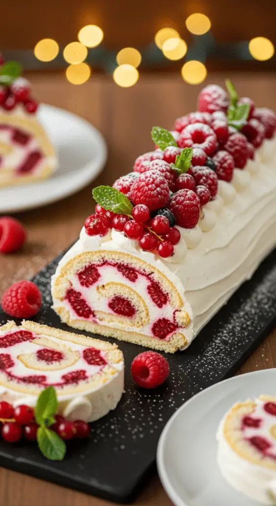 Service bûche mascarpone framboise sans cuisson tranches élégantes Noël