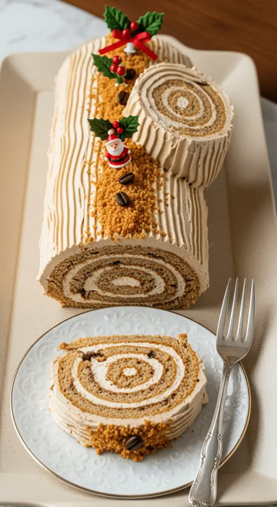 Service élégant bûche Noël café tomber tranche spirale parfaite
