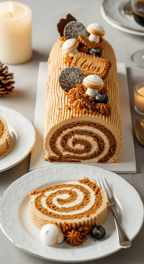 Service bûche spéculoos tranches spirale crème élégant Noël