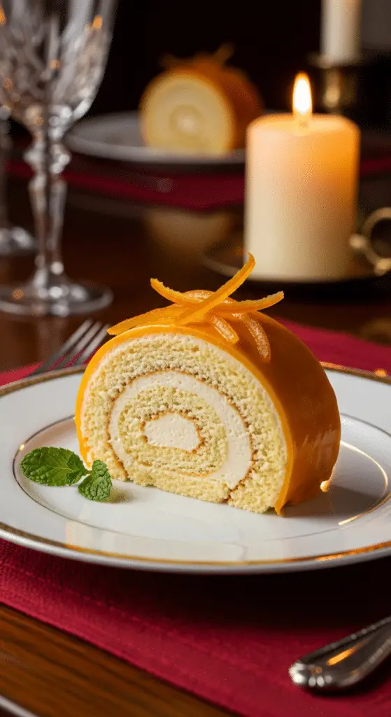 Service élégant bûche vanille orange tranche couches visibles