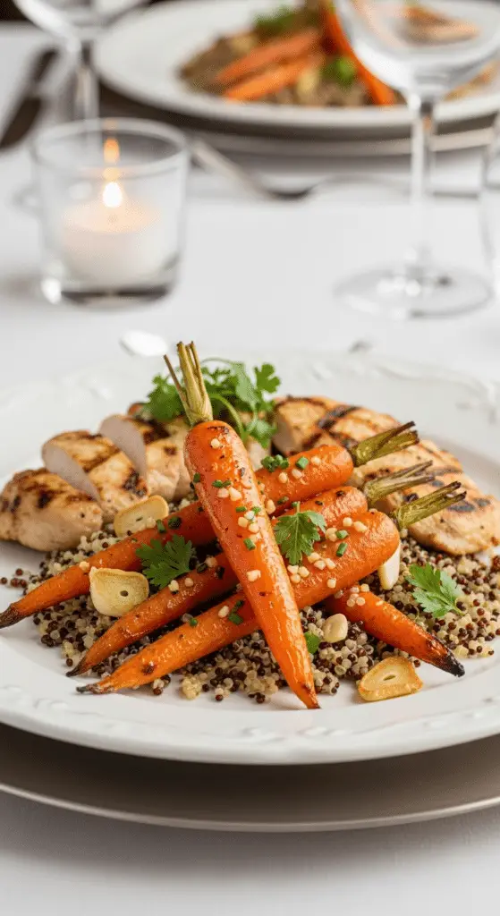 Service carottes rôties miel ail accompagnement élégant assiette