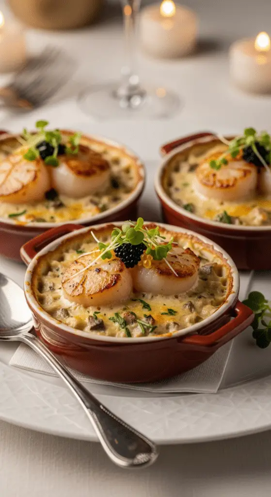 Service élégant cassolettes Saint-Jacques assiette fine gastronomie