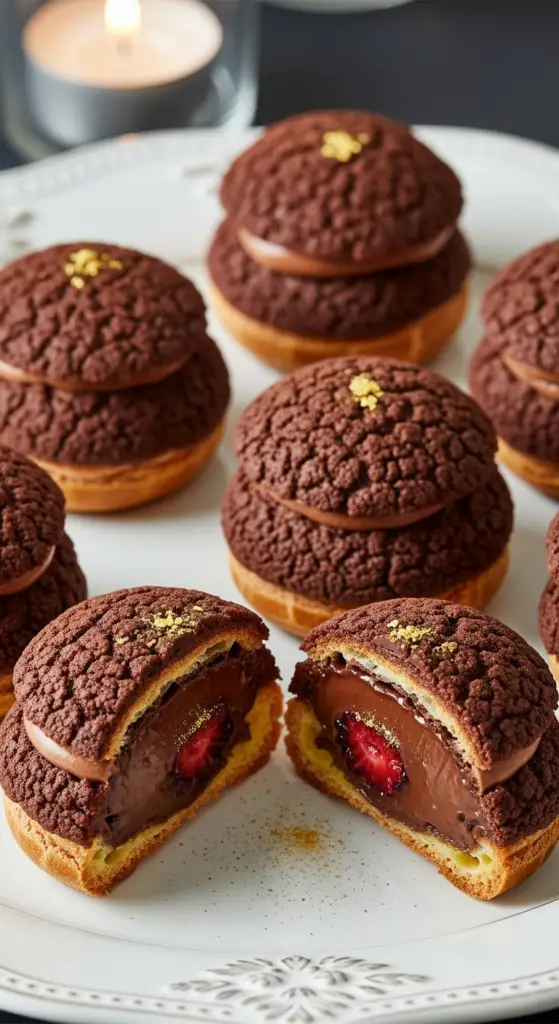 Service choux chocolat craquelin cacao ouvert ganache élégant