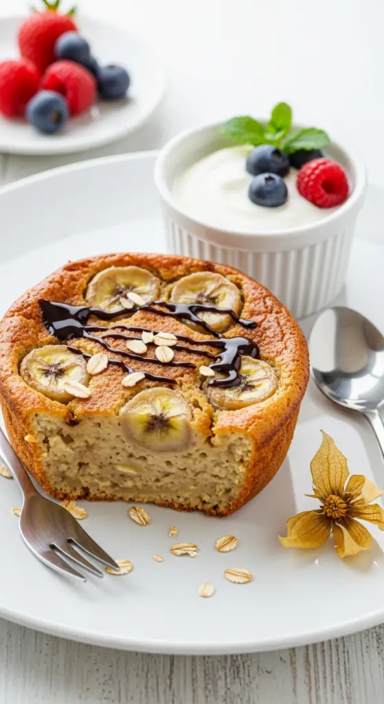 Service clafoutis avoine-banane assiette yaourt fruits présentation saine