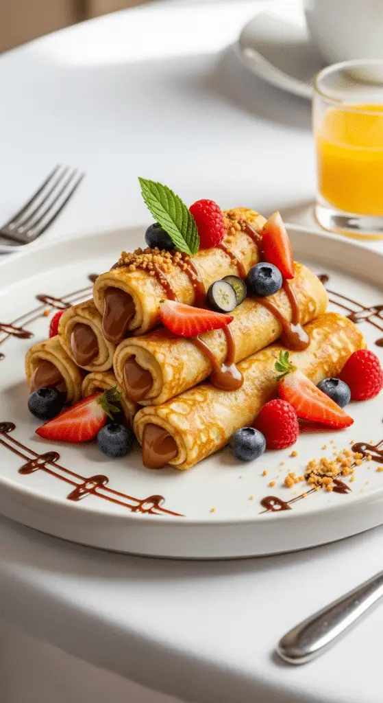 Service élégant crêpes roulées confiture lait fruits assiette