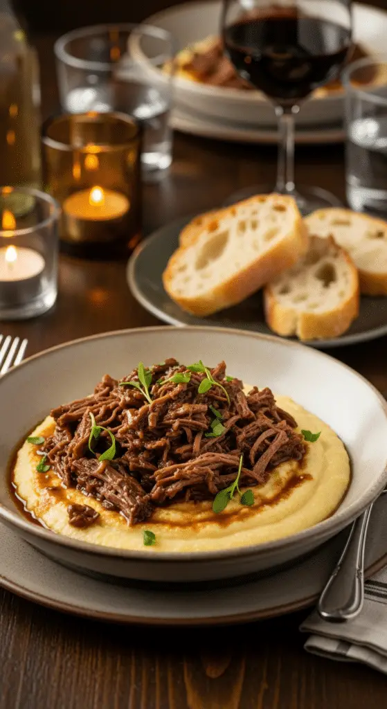 Service effiloché bœuf polenta crémeuse bol rustique italien