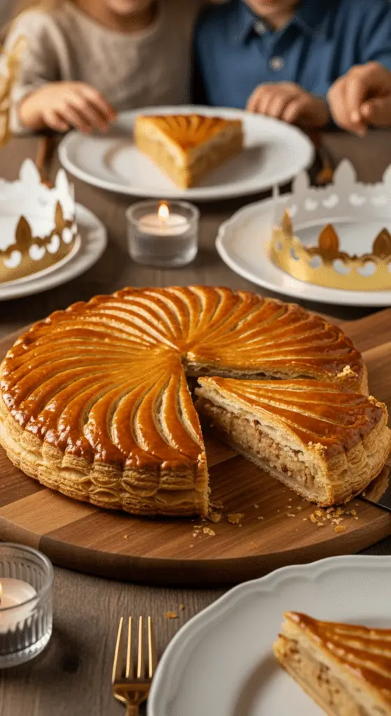 Service galette Rois frangipane maison tranche garniture visible famille