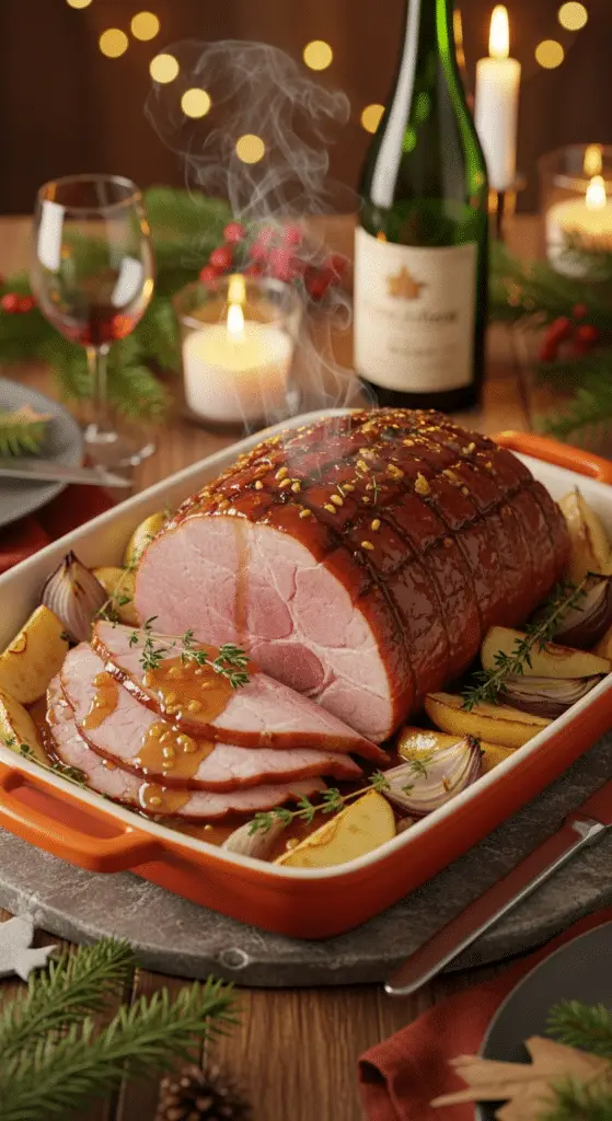 Service jambon Noël cidre tranché pommes caramélisées plateau rustique