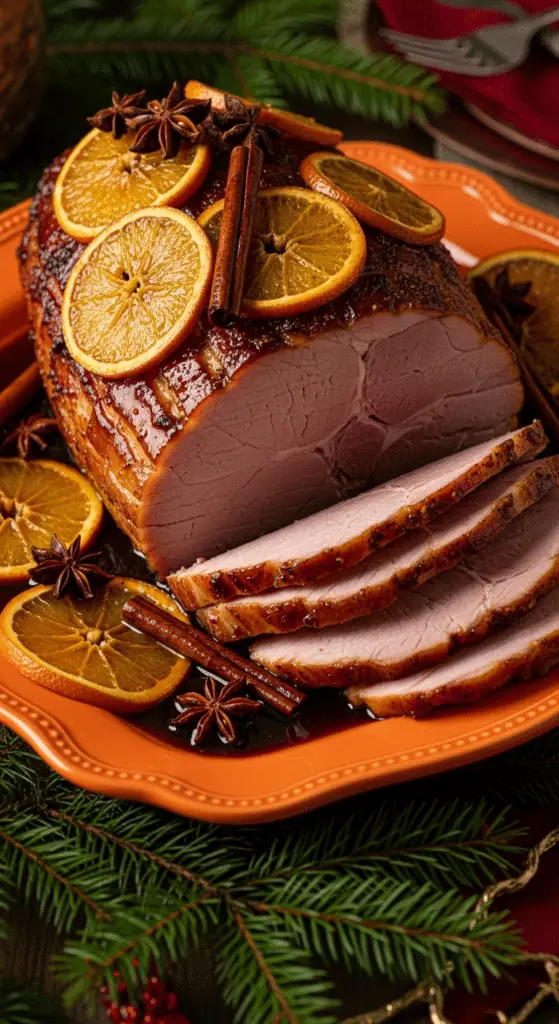 Service jambon Noël épices tranché orange caramélisée plateau élégant parfumé