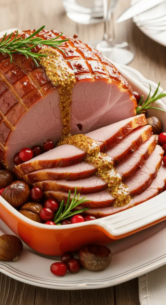 Service jambon Noël tranché miel moutarde plateau châtaignes élégant