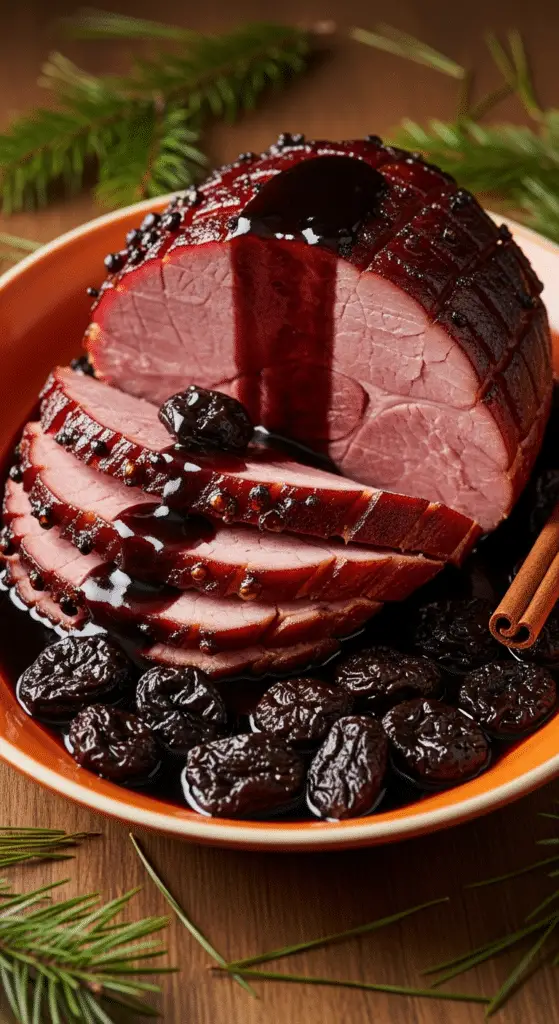 Service jambon porto tranché sauce veloutée pruneaux caramélisés élégant