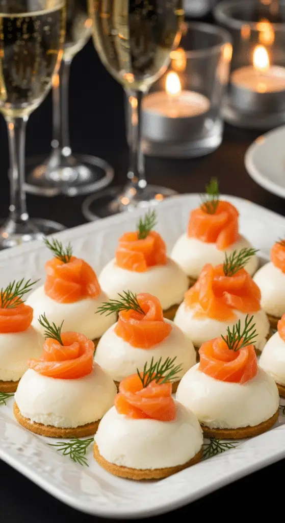 Service mini dômes crème fromage saumon plateau champagne élégant