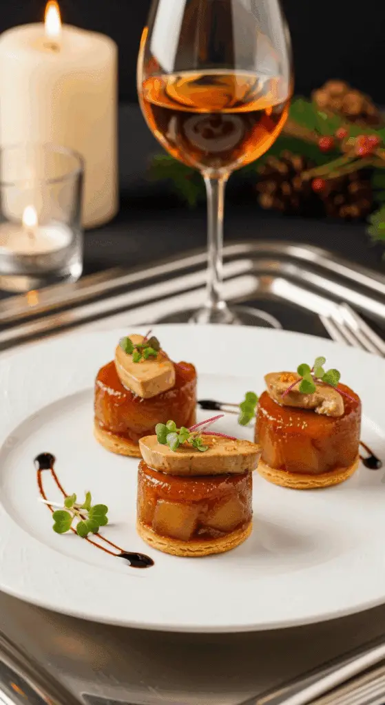 Service mini Tatin foie gras Noël assiette gastronomique raffinée élégante