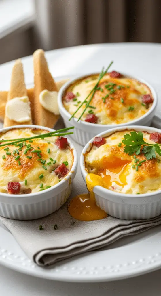 Service élégant œufs cocotte gratinés jambon jaune coulant
