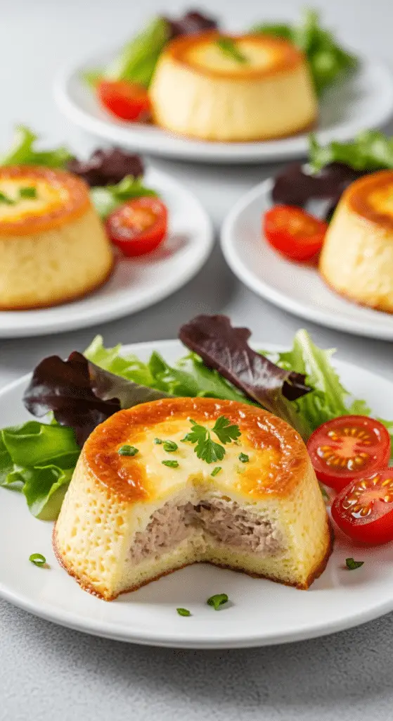 Service petits flans thon assiettes salade tomates présentation élégante