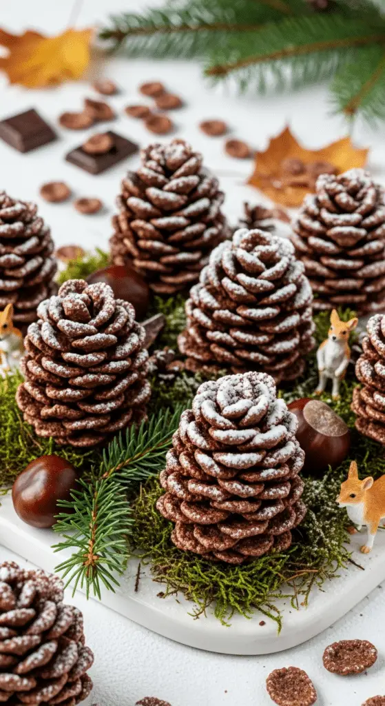 Service pommes pin chocolat scène forestière enchantée hivernale