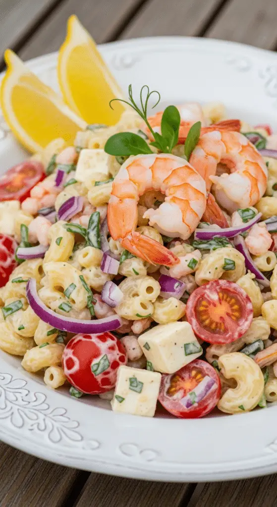 Service salade pâtes crevettes élégant été extérieur