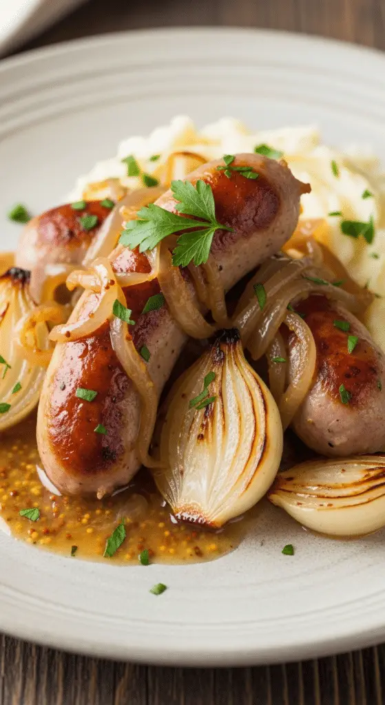 Service saucisses moutarde oignons fondants purée accompagnement bistrot