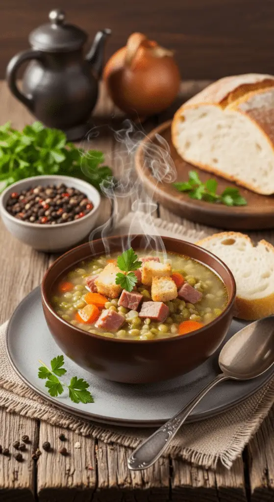 Service soupe pois cassés campagnarde fumante pain campagne rustique