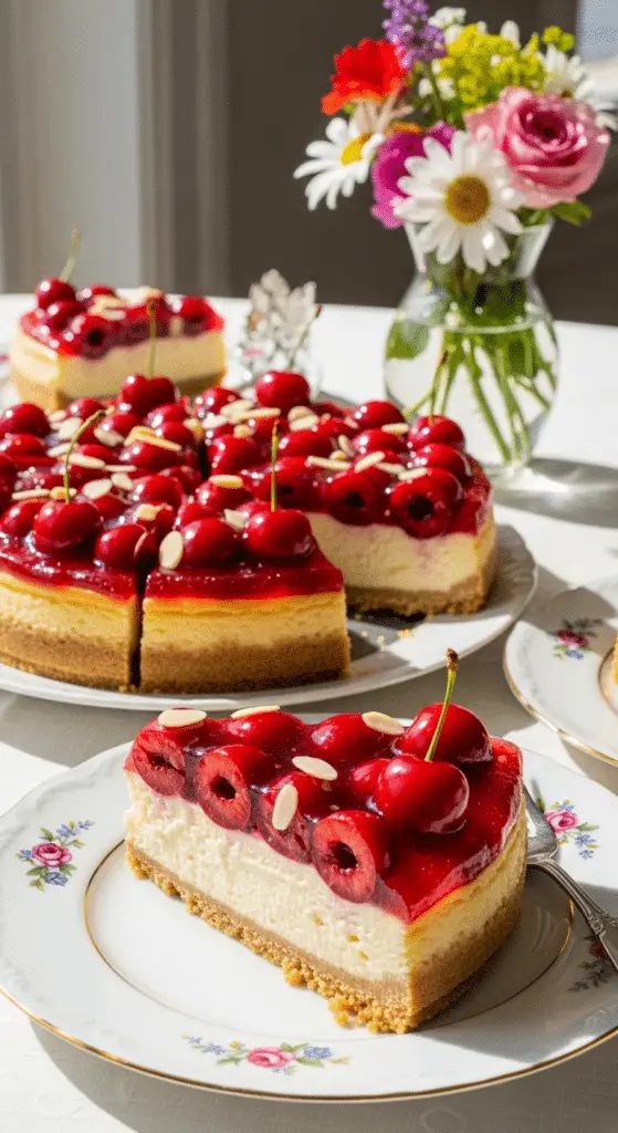 Service tarte cheesecake cerises tranches crémeuse élégante été