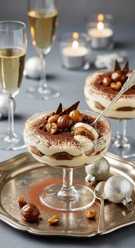 Service tiramisu Noël poires marrons plateau élégant raffiné festif