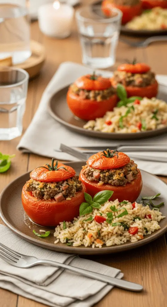 Service tomates farcies bœuf jambon assiettes riz familial français