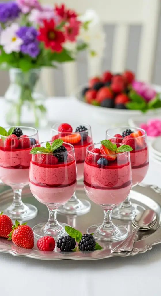 Service verrines mousse fruits rouges plateau élégant été