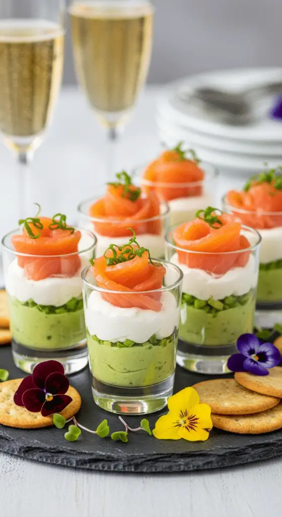 Service élégant verrines saumon fumé avocat plateau ardoise