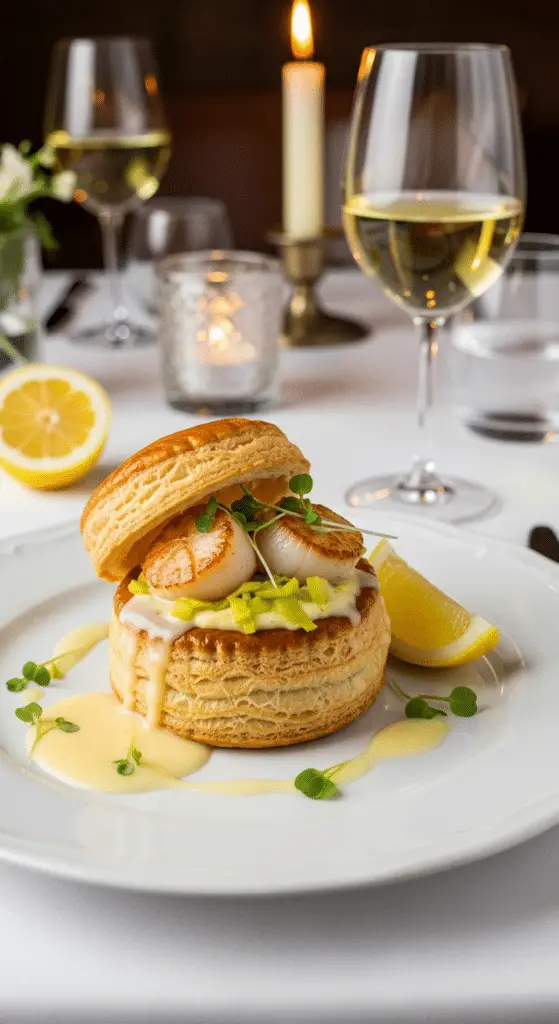 Service vol-au-vent Saint-Jacques poireaux assiette fine élégance
