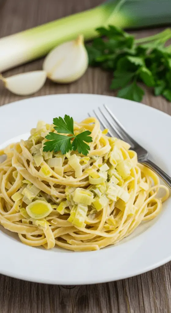 Tagliatelles à la crème de poireaux avec lardons fumés et parmesan râpé