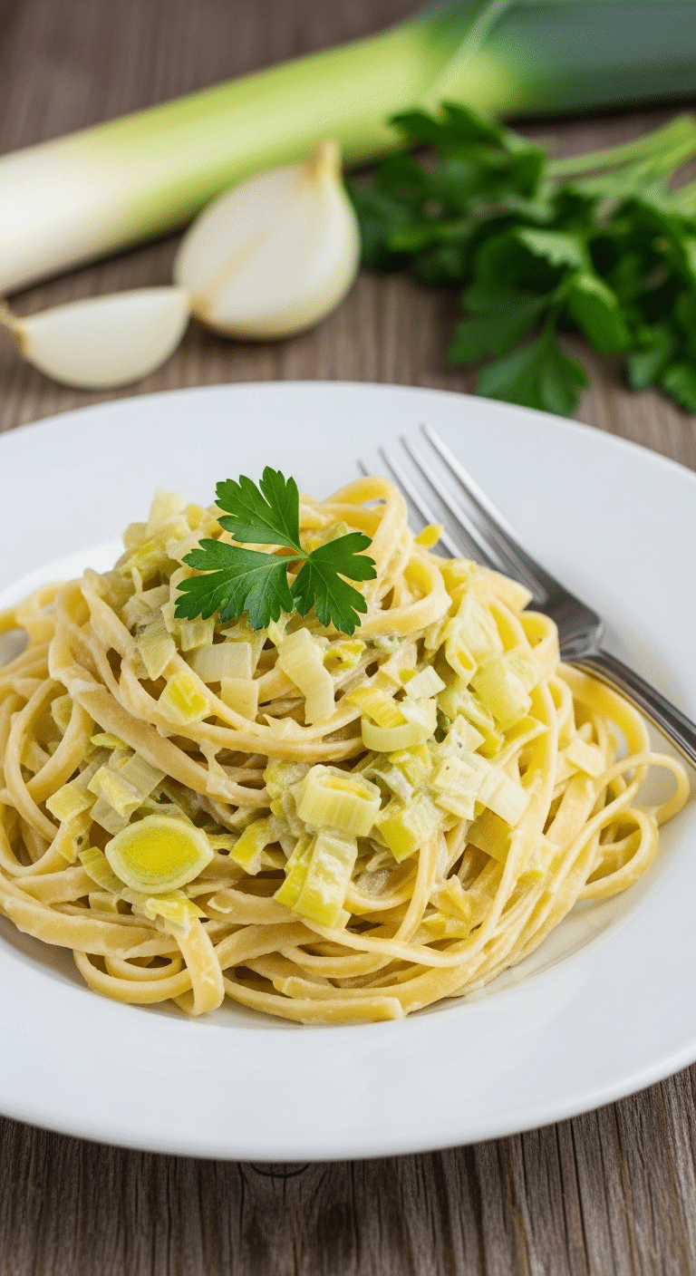 Tagliatelles à la crème de poireaux avec lardons fumés et parmesan râpé