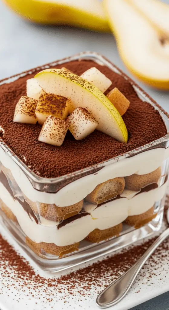 Tiramisu chocolat poires couches mascarpone ganache fruits élégant