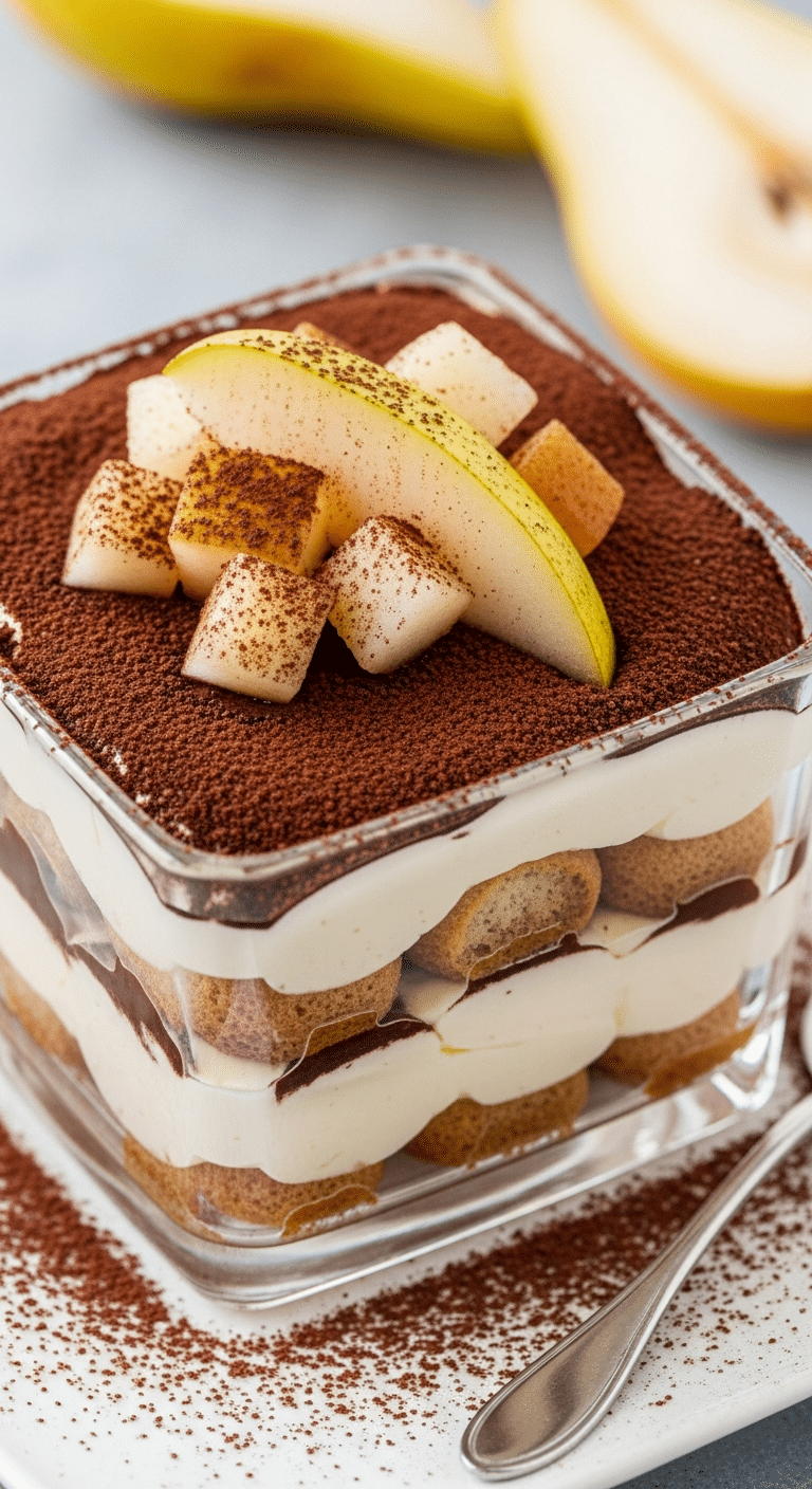 Tiramisu chocolat poires couches mascarpone ganache fruits élégant