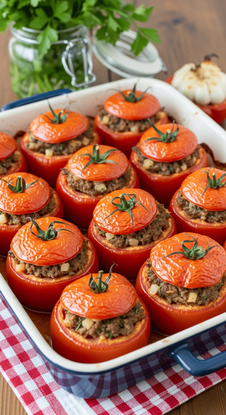 Tomates farcies à l'ancienne dorées au four dans plat traditionnel