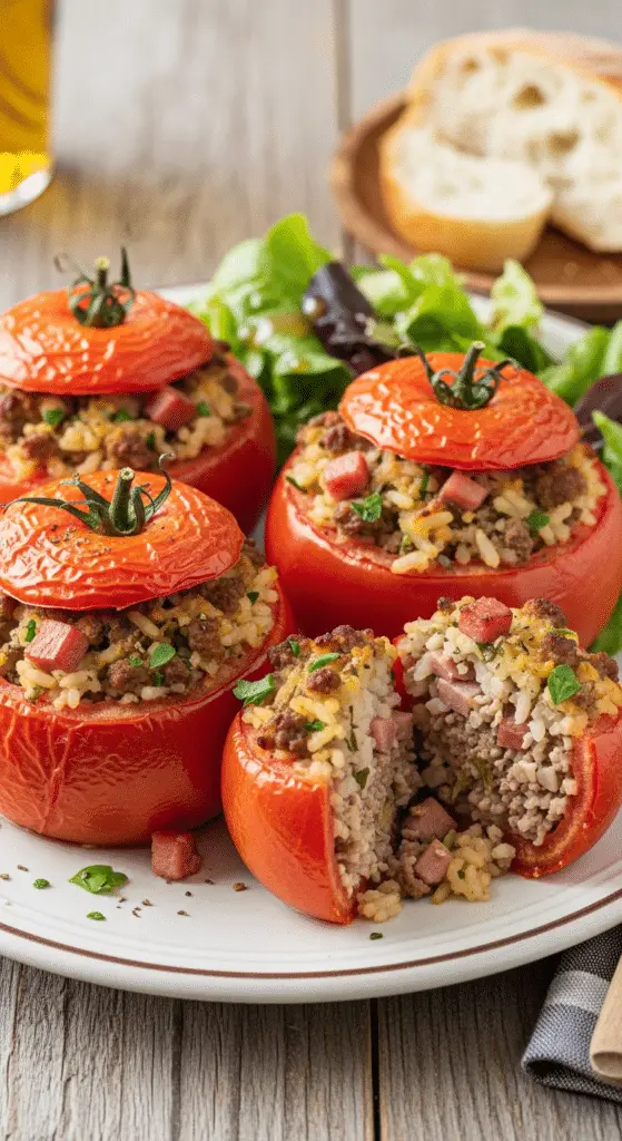 Tomates farcies bœuf jambon dorées traditionnelles françaises rustiques