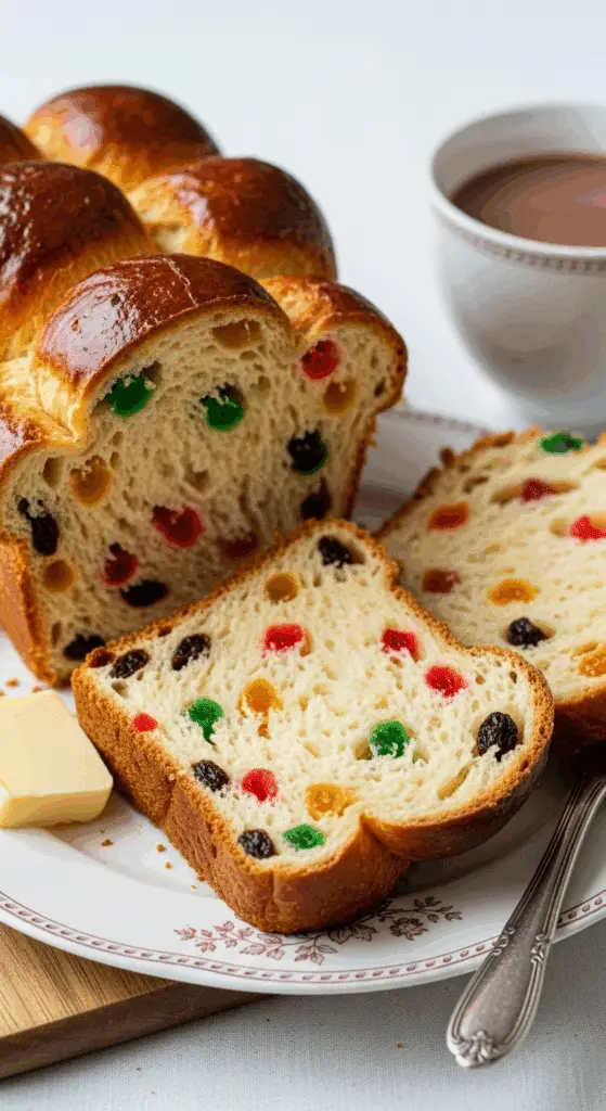 Tranche brioche Noël fruits confits moelleuse colorée élégante service