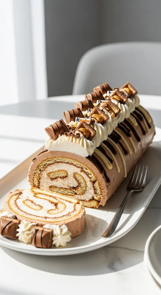 Tranche bûche Kinder Bueno sans cuisson couches visibles parfaites
