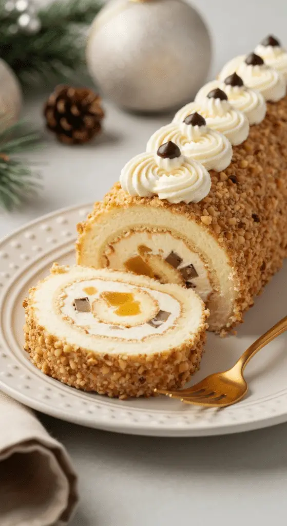 Tranche bûche Noël spirale crème stracciatella marrons révélée