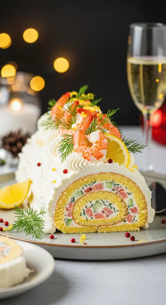 Tranche bûche salée Noël crevettes saumon spirale visible élégante