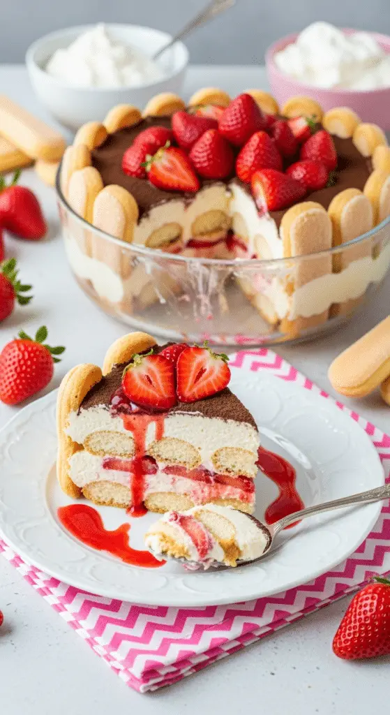 Tranche charlotte fraises tiramisu couches mascarpone visibles élégante