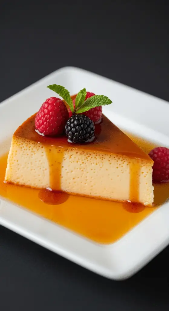 Tranche flan sans pâte fondant texture crémeuse visible élégante