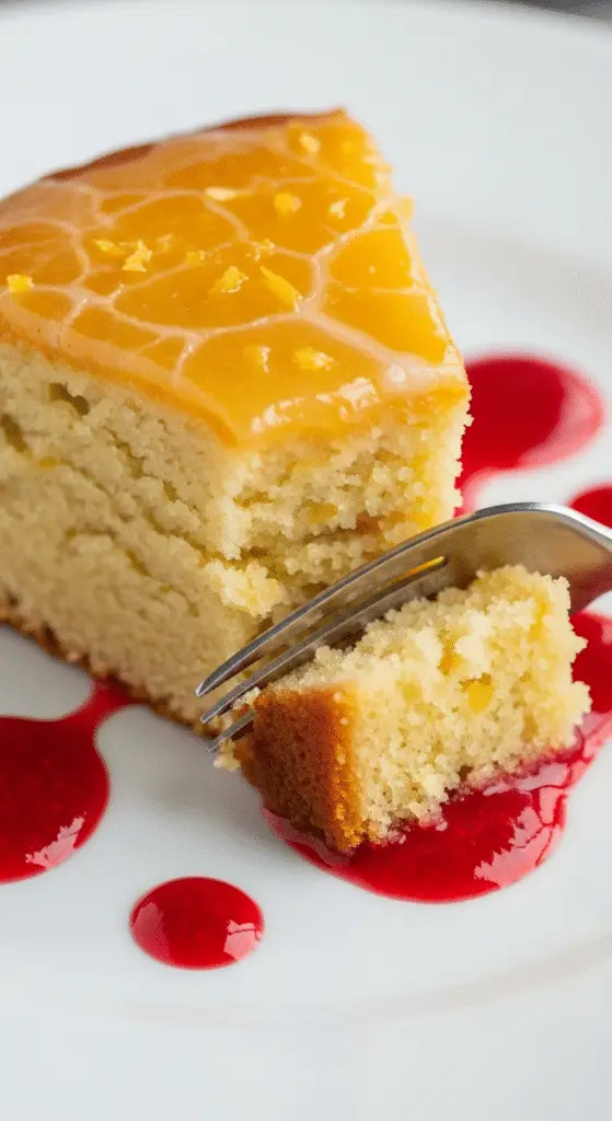 Tranche fondant citron mascarpone moelleux assiette avec coulis framboises