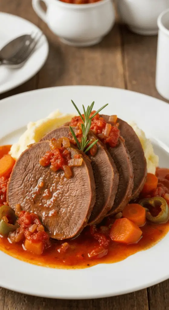 Tranches langue boeuf mijotant sauce tomate riche rondelles carottes rustique