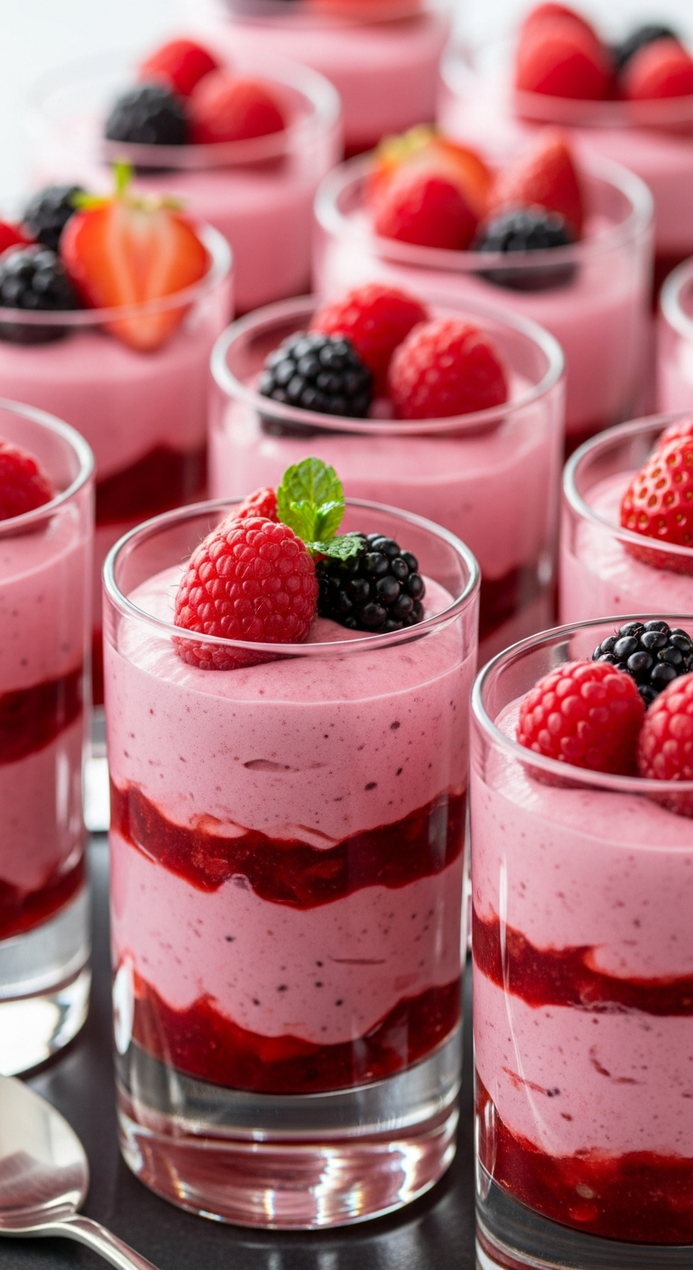 Verrines mousse fruits rouges couches colorées élégantes fraîches