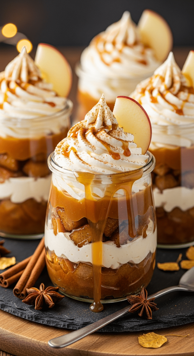 Verrines pommes caramel chantilly couches distinctes élégantes automne