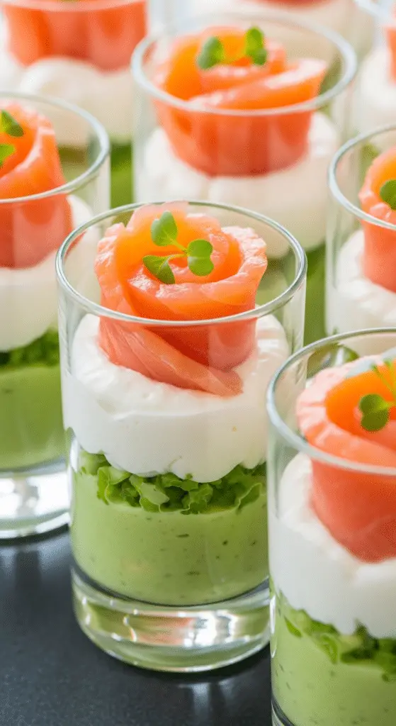 Verrines saumon fumé crème avocat couches colorées élégantes