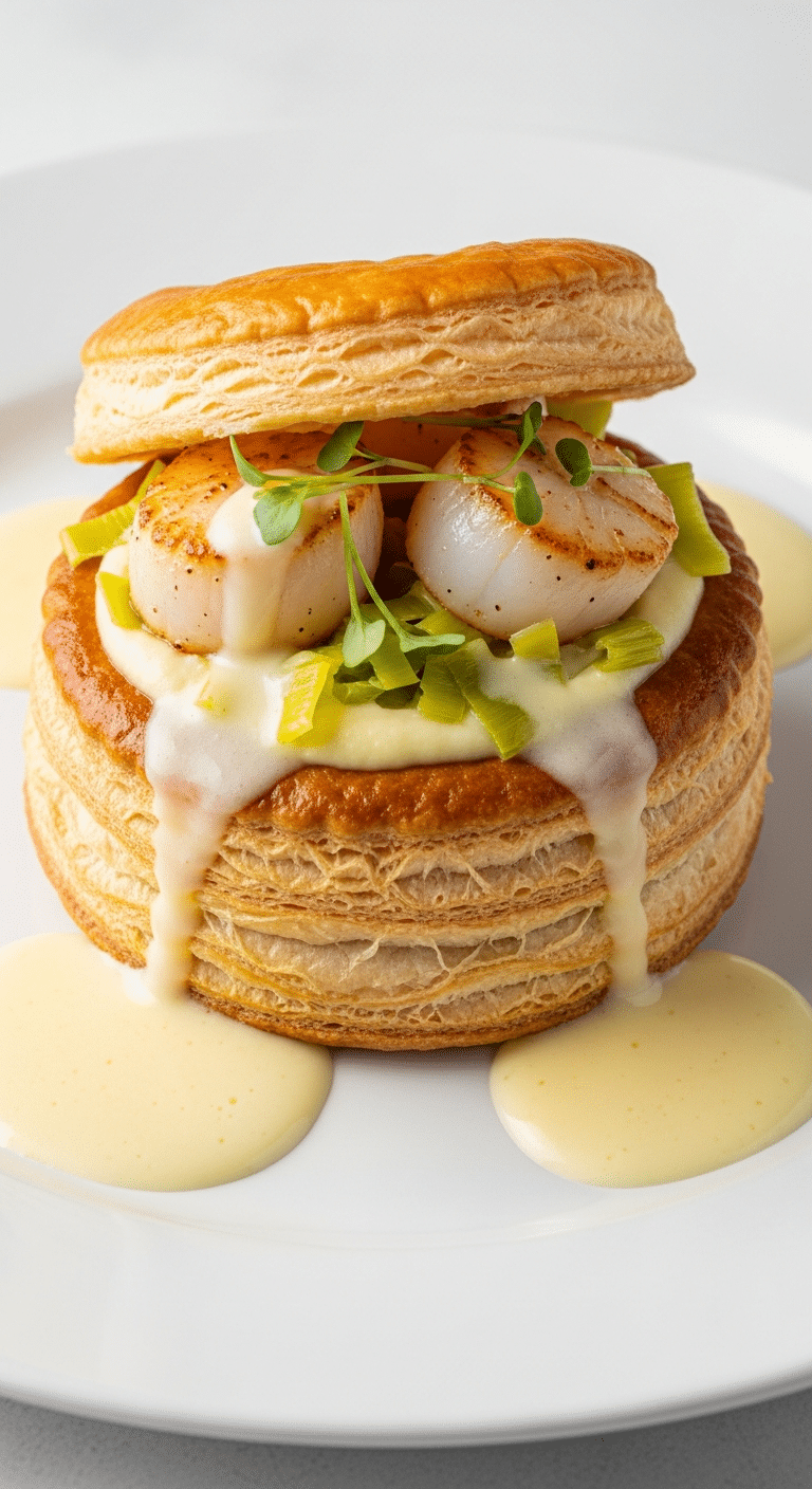 Vol-au-vent Saint-Jacques fondue poireaux crème citron élégant
